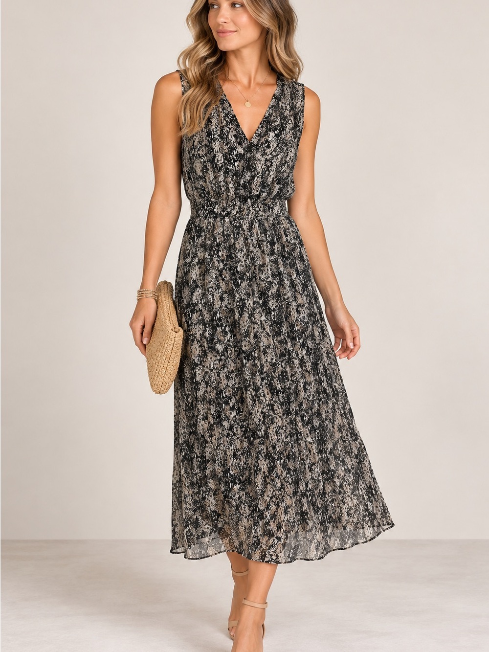 EVEREVE Black Beige Abstract Print Sleeveless Midi Dress Small
